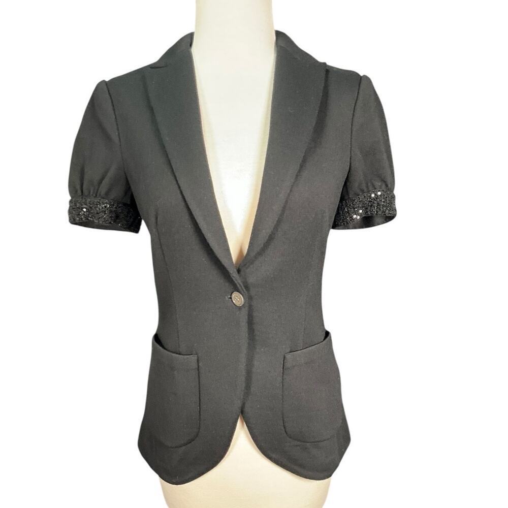 ISLI Black Sequin Sleeve Short-Sleeve Blazer Size 8 (100% Wool Blend) Vintage